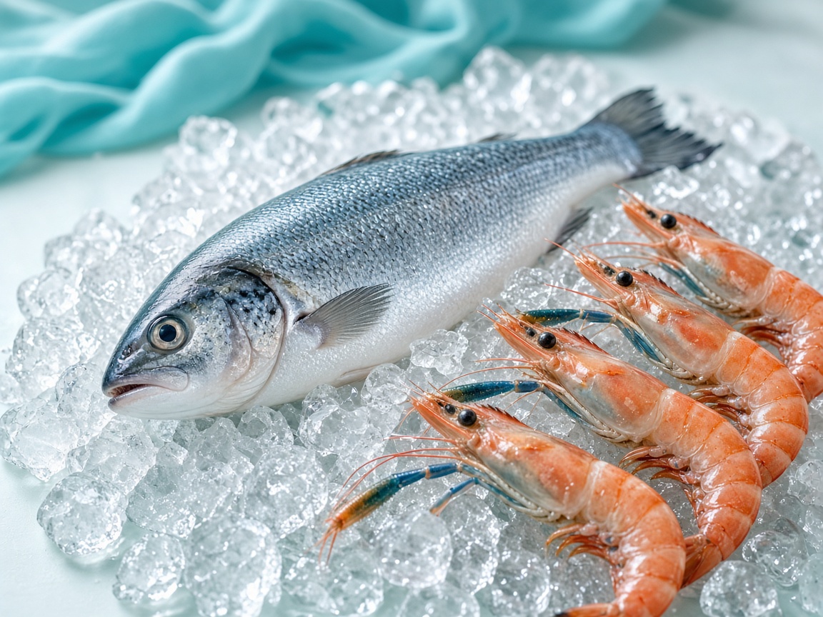 Fresh fish and prawns on ice, ready for wholesale delivery